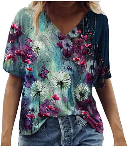 Кошули за жени, женска летна маица со цветни печатени обични блузи со кратки ракави кошули женски врвови
