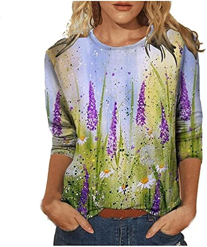 Narhbrg есен маици за жени цветни печати есенски пулвер врвови симпатична екипа вратот 3/4 ракав графички лабави џемпери блузи