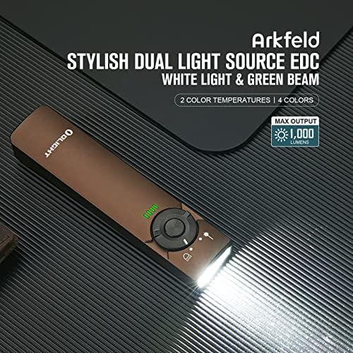 Olight Arkfeld 1000 Lumens Dual Light Source EDC Flashlight со зелен зрак и бел LED пустински тен ладно бело со I3T EOS 180 Lumens Dual-Output