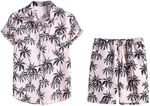 Летен плажа сет за машки хавајски тропски печатени кошули со кратки ракави шорцеви скули врвови кратки панталони 2 парчиња костуми