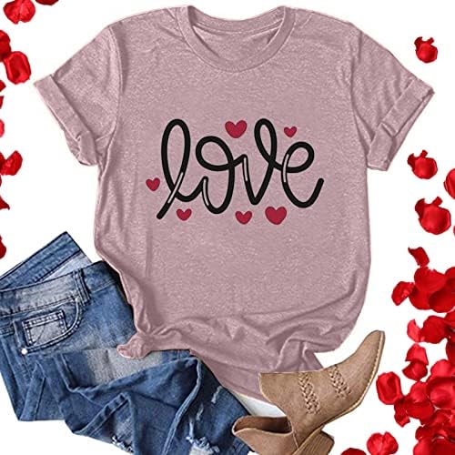Loveубов кошули за Денот на вinesубените за жени со лежерна буква Печати маица со кратки ракави за срцев графички маички 2023 модни врвови