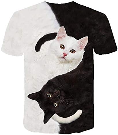 Плус големина кошули за мачки за жени 3Д црно бело писе печатење маица со кратки ракави екипаж тинејџерски девојки симпатични врвови