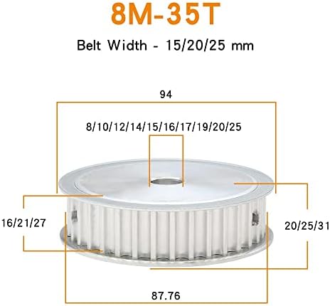 Axwerb Professional 2PCS 8M-35T Belt Pulley, Bore Size 8/10/12/11/11/16/17/19/10/20/20мм ширина 16/21/27мм тркала од макара на меурчиња