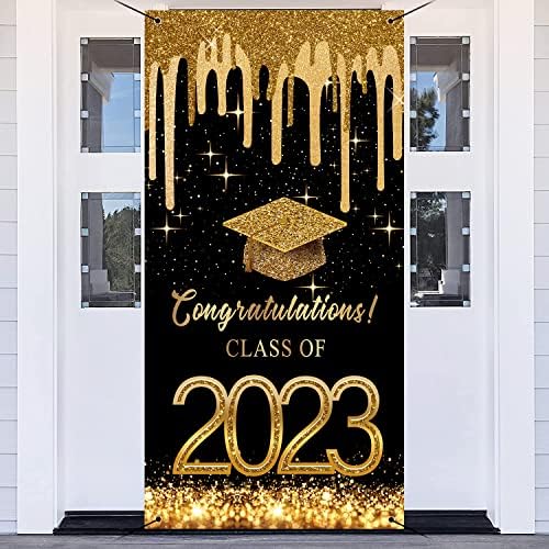 Честитки Класа На 2023 Капак на Вратата 3x6ft Честитки Дипломирање Црно Злато Диплома Капа На Капакот На Вратата Банер Средно Училиште Колеџ