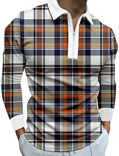 Zddo Mens Zipper Polo кошули, модна работа во боја блок крпеница карирана лента со редовно вртење на јака од патент на вратот