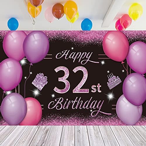 Среќен 32-ти Роденден Позадина Банер Розова Виолетова 32-Ти Знак Постер 32 Роденден Материјали За Годишнина Фото Кабина Фотографија Позадина Роденден Декорации, 72,8 х