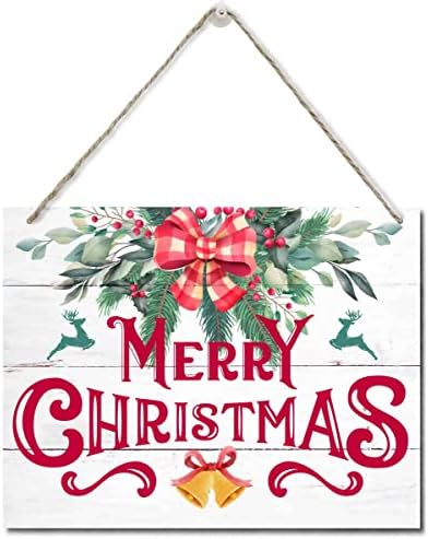 Среќна Божиќна дрвена врата виси знак, виси печатени wallидни знаци од дрво, среќен Божиќен знак, украси за новогодишни елки, тремот за висина