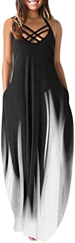 Maxi фустан за жени плус големина, дами обични печати без ракави на вратот крст на вратот плус големина фустан двоен џеб