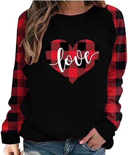 Бафало карирани маички за крпеница за жени кошула за в Valentубените слатки леопард карирани срцеви печати со долг ракав пулвер врвот