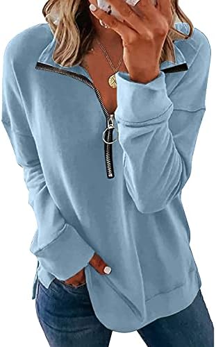 Женски цврсти лаптопи во боја на врвови за џемпер, обичен патент плус големина лабава удобна истегнување активна основна спортска облека џемпер џемпер