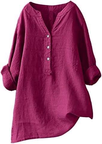 Yfjrbr женски летни кошули памучни постелнина лабава вклопена плус големина s-5xl краток ракав против копчиња за скут на вратот лесни