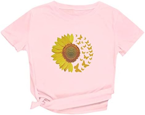 Вифуц летен маичка Топ за жени тинејџерски Y2K сончоглед Топ блуза Цветна кошула со краток ракав за кратки ракави Велигденска