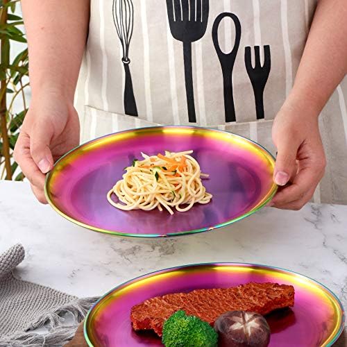 Плочи за вечера од не'рѓосувачки челик Бисдарун 4-парчиња, десерт салата плочи поставени индиски, Мингченг 9,1 инчен шарен метален чинија за
