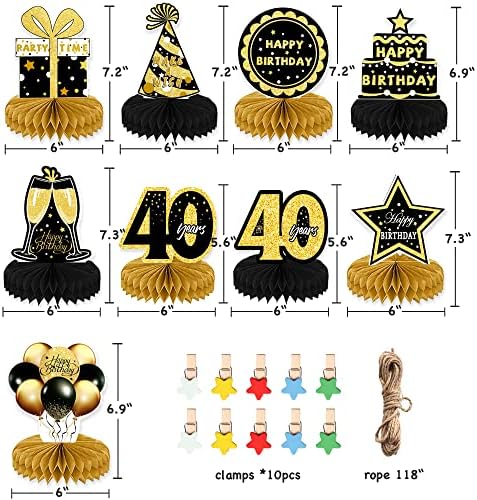 9 парчиња 40 -ти роденденски декорација за мажи жени, украси за роденденска маса со стегач и јаже, центри за саќе, среќни 40 -ти