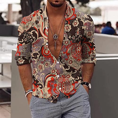 XXBR MENS CONTEN DOWN Обични кошули со долги ракави Paisley Boho Печати хавајски кошула лапел јака плажа алоха дизајнер на врвови