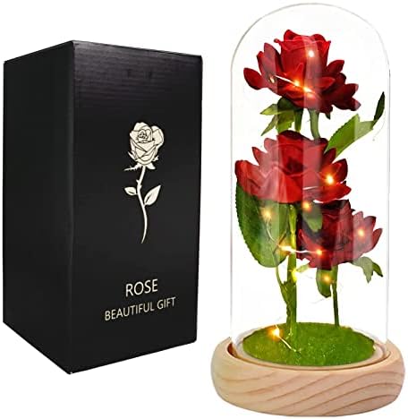 Axlksia Убавицата и astверот Роуз подароци за Денот на мајките, од ќерка, подароци од розово цвеќе за жени, осветли роза во стаклена