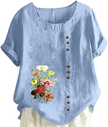 Блуза кошула за девојки 2023 година со постелнина со краток ракав, памучна екипа на вратот Дејзи, цветен графички плус големина на бранч врв