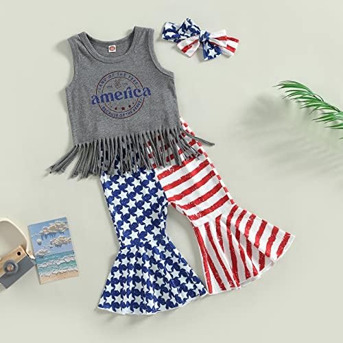 4 -ти јули Облека за облека за бебиња девојчиња без ракави на ракави, резервоар за резервоарот и разгорени панталони, дното на bellвончето, американското знаме за обле