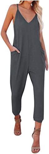 Lcepcy женски летен џемпери против вратот шпагети ленти плејсиит цврста боја долги панталони обични ромери со џебови со џебови