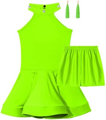EasyForever Girls Латински фустан, без ракави, шупливи грбни самба, танцов фустан со боксерски шорцеви и обетки од лајсни