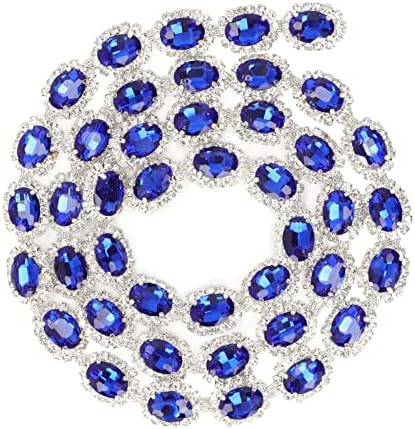 Трим на синџирот на сини ринстони, 1 двор овален облик дијамантски кристал ринестон ланец Сјајна апликација за шиење на облека и