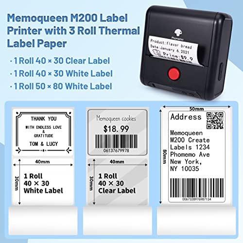 Креатори на етикети Memooqueen M200 3 инчен преносен печатач со баркод со 3 ленти, производител на термички етикети со Bluetooth за етикетирање
