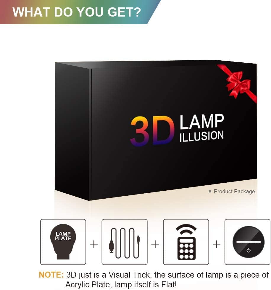 Sukudo 3D оптичка илузија LED светилка за осветлување ноќно светло, апстрактни уши 16 бои табела за ламба со USB полнач за деца