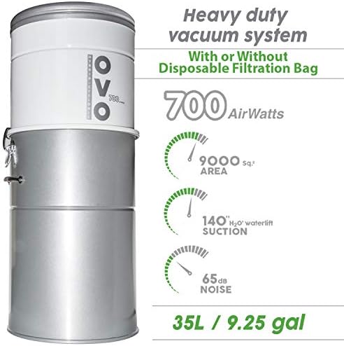 OVO 700 Airwatts моќен централен вакуумски систем, хибридна филтрација 35L или 9,25gal дно оптоварување со прашина, бела