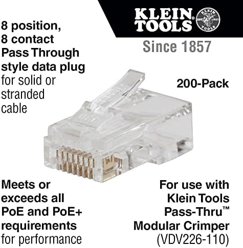 Klein Tools VDV826-763 Pass-Thru-Modular Data Plug, RJ45 CAT6, позлатено злато, поминете низ конектори 200-пакет