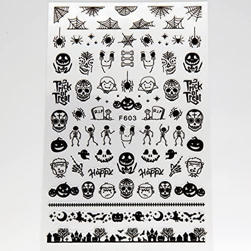 15 листови налепници за нокти на Ноќта на вештерките, црно злато 3D самолепливи нокти декорации од тиква дух Grimace череп пајак мачка за налепници