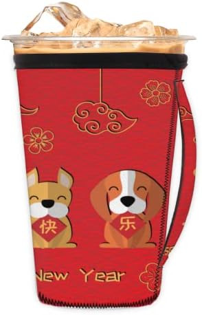 Кинеска новогодишна кучиња за животни кои можат да се користат ладен кафеав кафе со рачка Неопрена чаша ракав за сода, лате, чај,