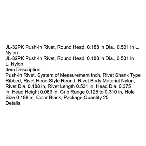 Замена JL-32PK Push-in Rivet, тркалезна глава, 0,188 во DIA, 0,531 во L, најлон