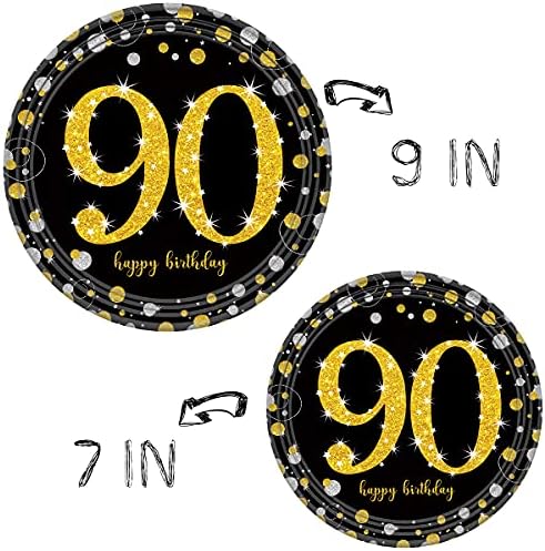 Снабдување со 90 -ти роденден на Тргоуул - црни и златни плочи за хартија за еднократна употреба, салфетки, чаши, вилушки за табели,