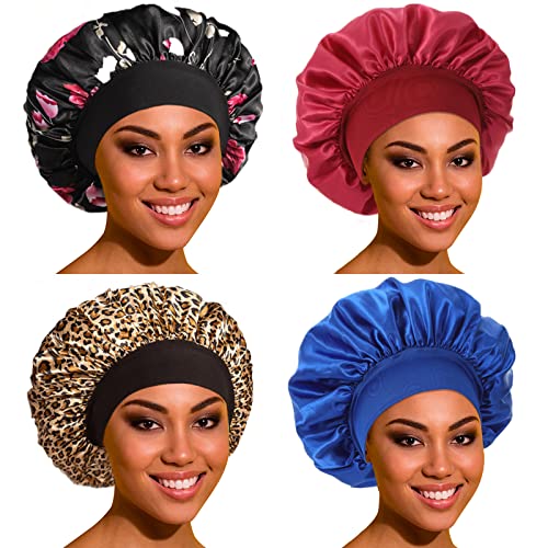 Сатенска хауба свилена хауба за коса за спиење- 4 пакувања за пакувања за црни жени со широк еластичен опсег за кадрава коса