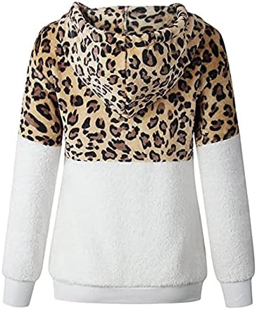 Womenените леопард џемпер џемпер затегнување лента мека качулка со чевли со качулка, обичен штанд со јака, атлетска блуза
