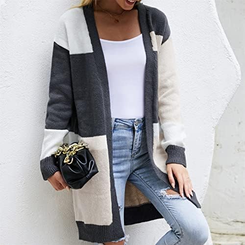 Кокера кардиган џемпери за жени мода есен 2022 елегантни отворени предни кардигански палта каузални лабави бои блок -палто за