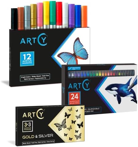 Сет на бои за акварели на Artcy, сет од 24 живописни пенкала за акварели со вистински најлонски совети, 3 златни и 3 сребрени акрилни пенкала