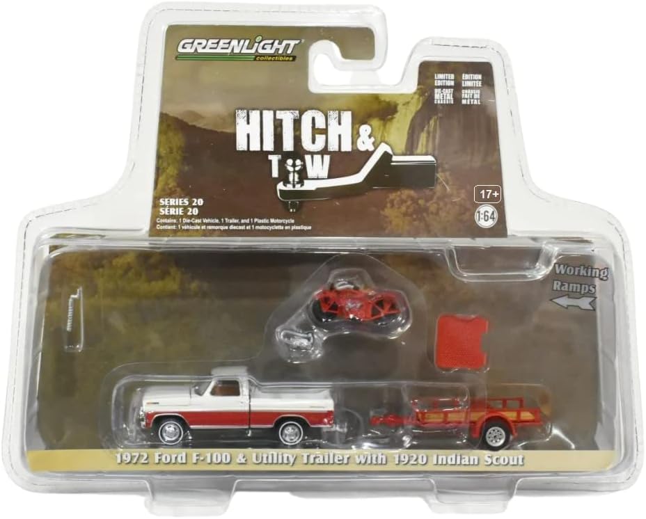 Greenlight 32200-A Hitch & Tow Series 20-1972 Ford F-100 и комунални приколка со 1920 Scout Motorcycle 1/64 Скала