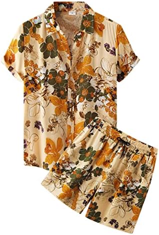 2023 Нов машки лето лето Хаваи од дрво за печатење Две парче Краток ракав Спуштете ги џебните шорцеви од кошула за мажи за мажи