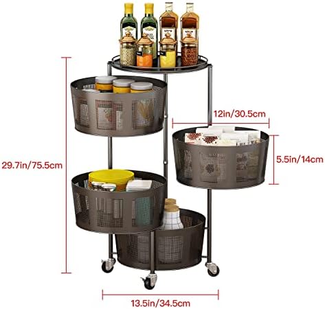 Стилизирање на 4 нивоа ротирачки мулти -слој кујнски полица со тркала, количка за складирање кујна за зеленчук кромид, црни метални