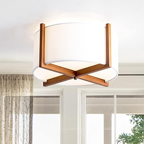 Вилкси Полу-Флуш Монт-тавански светло со светло со дрво и бела ткаенина тапан сенка модерен лустер за спална соба, трпезарија, коридор, дневна