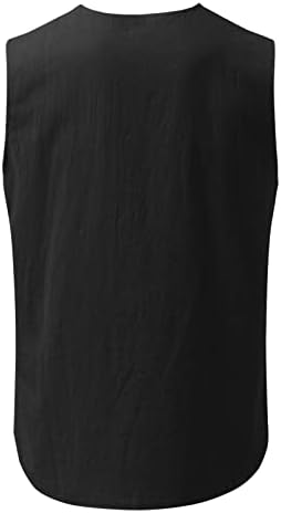 Менс модна обична цврста боја памук и ленен чипка јака без ракави кошула без ракав маж мачки маици