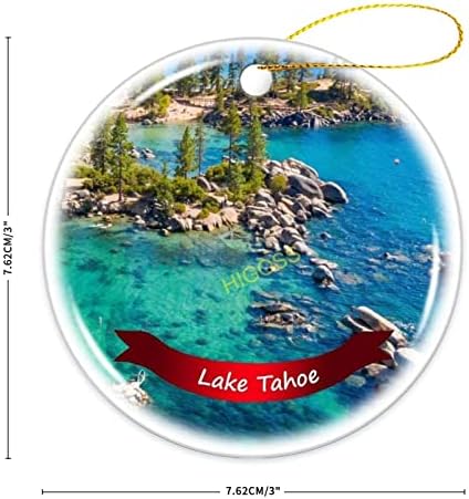 Езерото Тахое дрво што виси Божиќен украс порцелан двострана керамички украс, 3 инчи