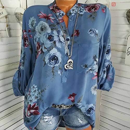 Womenените врвови и блузи V Елегантно цветно цветно печатено копче за пулвер, случајно дно, блуза плус големина