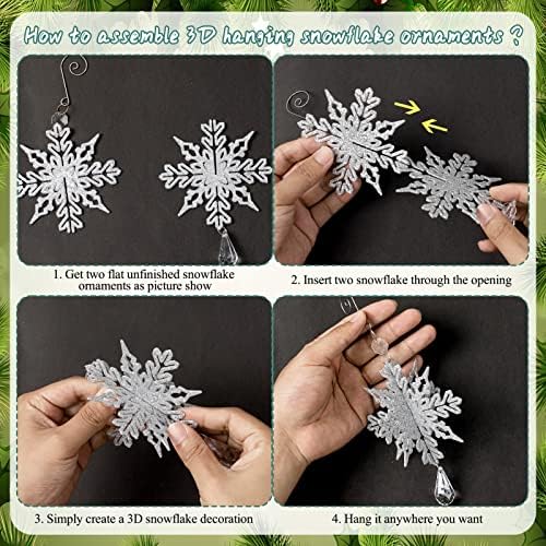 Сливеј Божиќни украси за снегулка - 8 парчиња пластични 3Д сјајни лизгачи на снегулки со кристално приврзоци и кука за украси за новогодишни