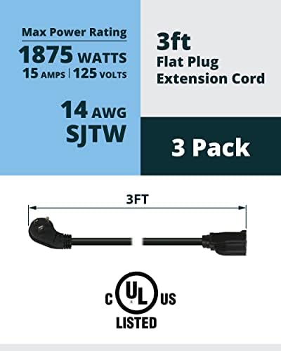 Lightkiwi 3ft рамен приклучок за приклучок за продолжување на приклучокот, 3-пакет, 14awg SJTW краток продолжен кабел, wallиден приклучок со низок профил, 15A 125V 1875W, 3 кабел за напо