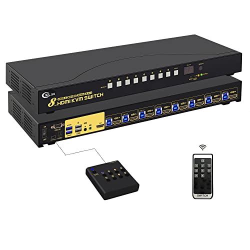 CKLAU 8 PORT USB 3.0 Rack Mount HDMI KVM Switch 4K60Hz со аудио, 2 PCS USB 3.0 центар, а кабли поддржува преклопување на глувчето