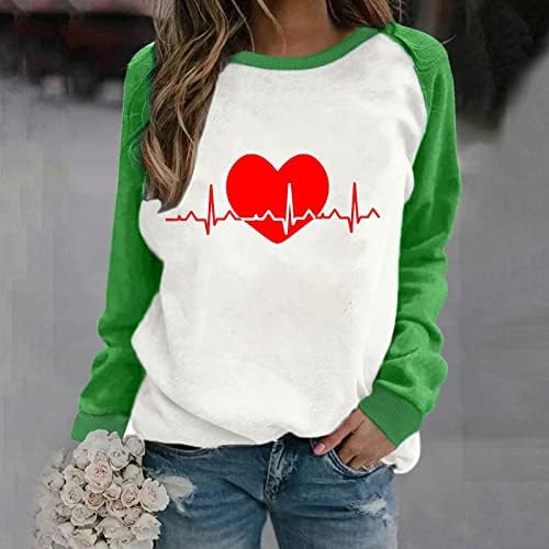 Симпатична графичка маичка за срце за жени Денот на в Valentубените мода пуловер, џемпер, блуза со долги ракави О-вратот на вратот О-вратот