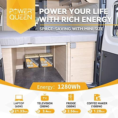 Power Queen 2 Pack Mini LifePo4 литиум батерија, батерија 12V 100AH ​​со вградена 100A BMS, 1280W енергија, до 15000 циклуси, 10-годишен животен