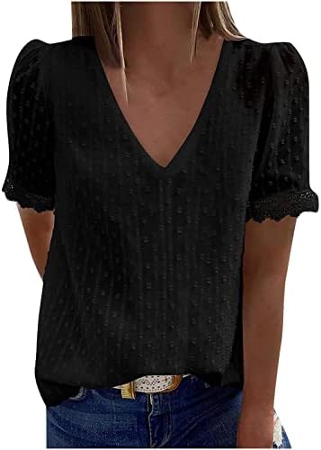 Девојки есен летен краток ракав 2023 облека мода V вратот чипка шифон основна обична маица за жени или за жени или